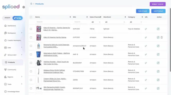 Spliced Products page listing items